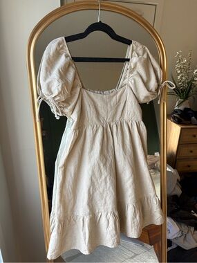 Sim & Sam Cream Puff Sleeve Linen Summer Dress Reversible Light Cream Tan Midi